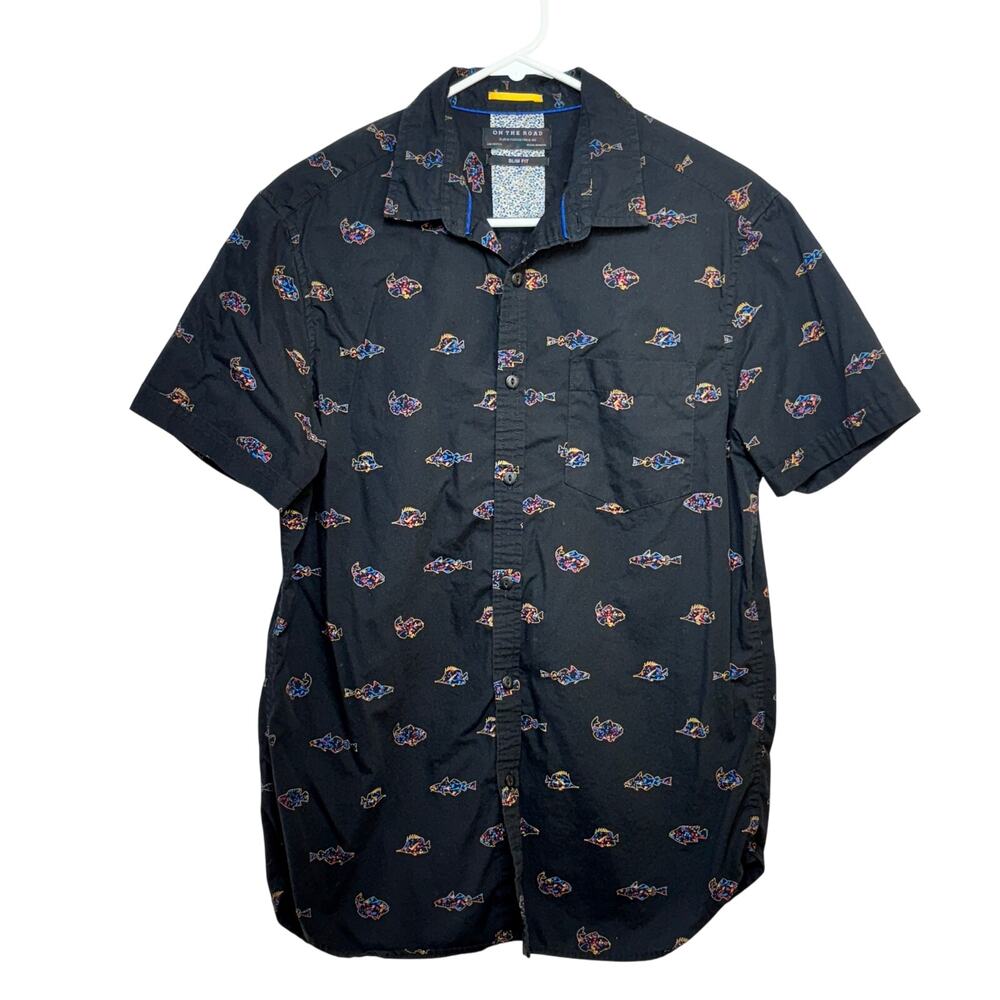 Fish Pattern Shirt Slim Fit Button Front Men's M Short Sleeve Black On The Road